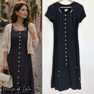 Vintage Navy Polka Dot Dress with cinched waist.